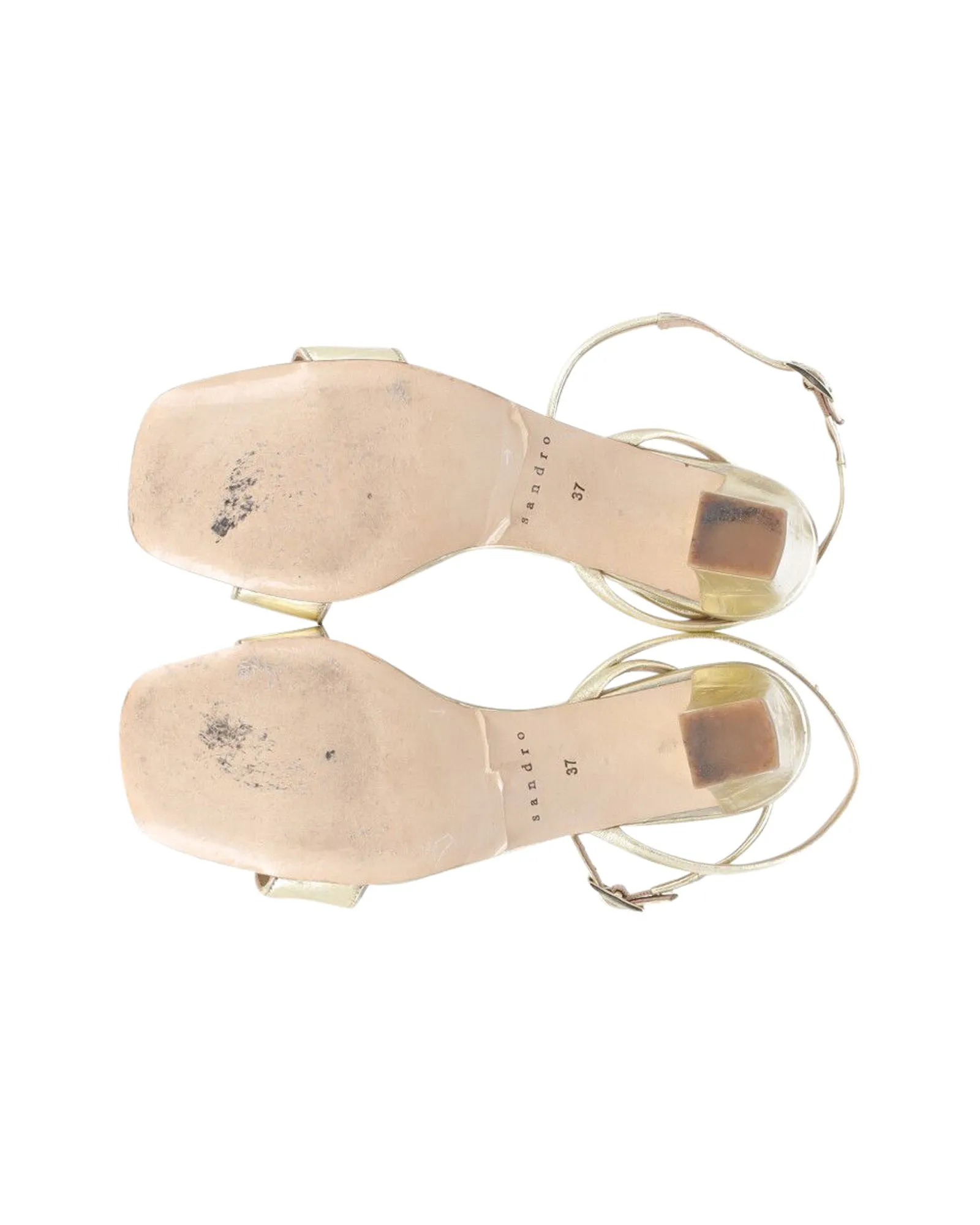 Sandro Block Heel Metallic Sandals in Gold Leather
