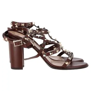 Valentino Rockstud Block-Heel Sandals in Burgundy Leather