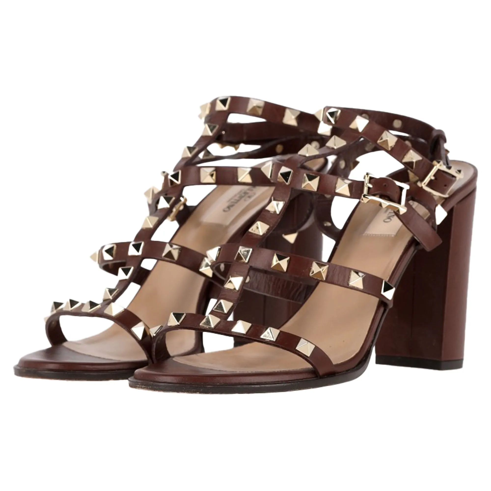Valentino Rockstud Block-Heel Sandals in Burgundy Leather
