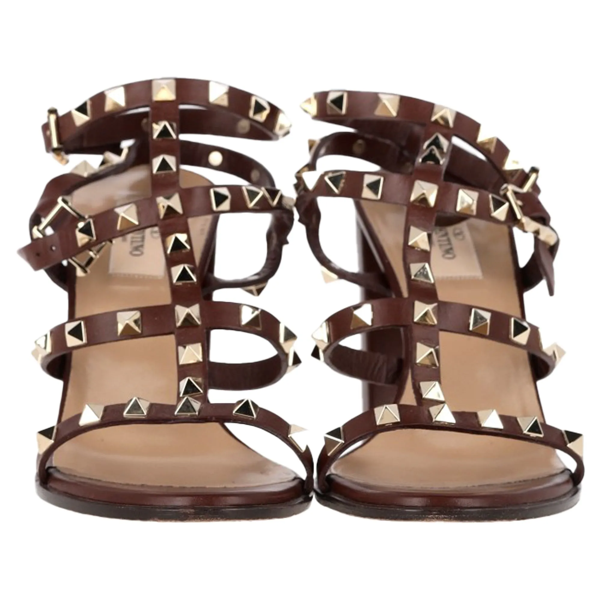 Valentino Rockstud Block-Heel Sandals in Burgundy Leather