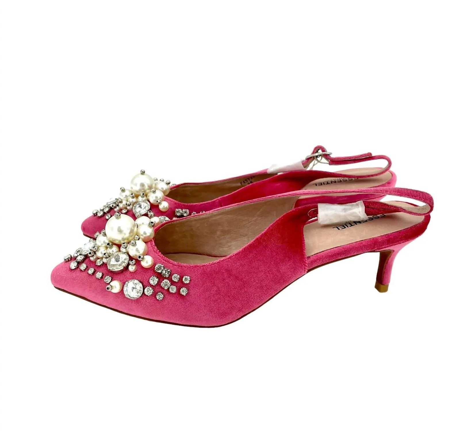 Velvet Crystals Pearls Pointed Toe Kitten Pumps In Pink