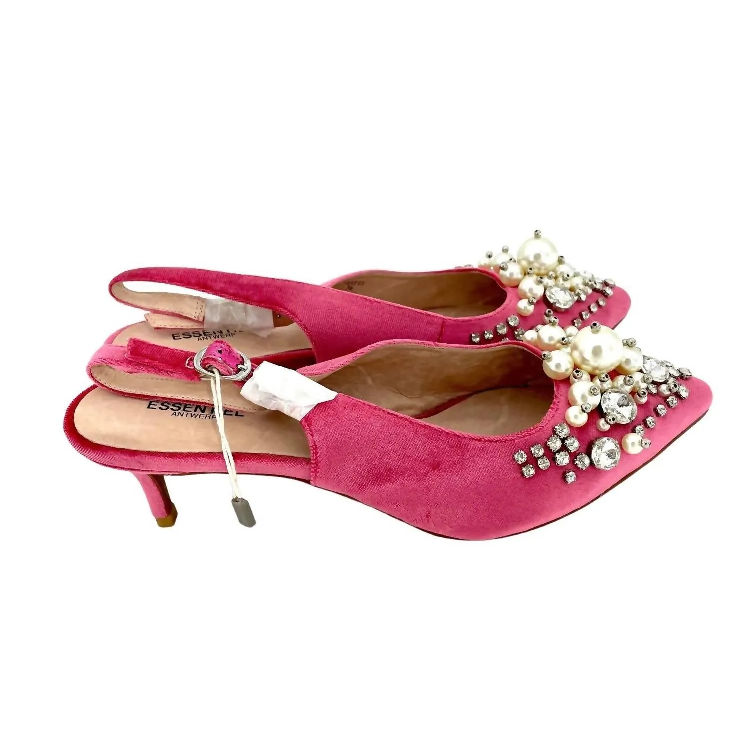 Velvet Crystals Pearls Pointed Toe Kitten Pumps In Pink