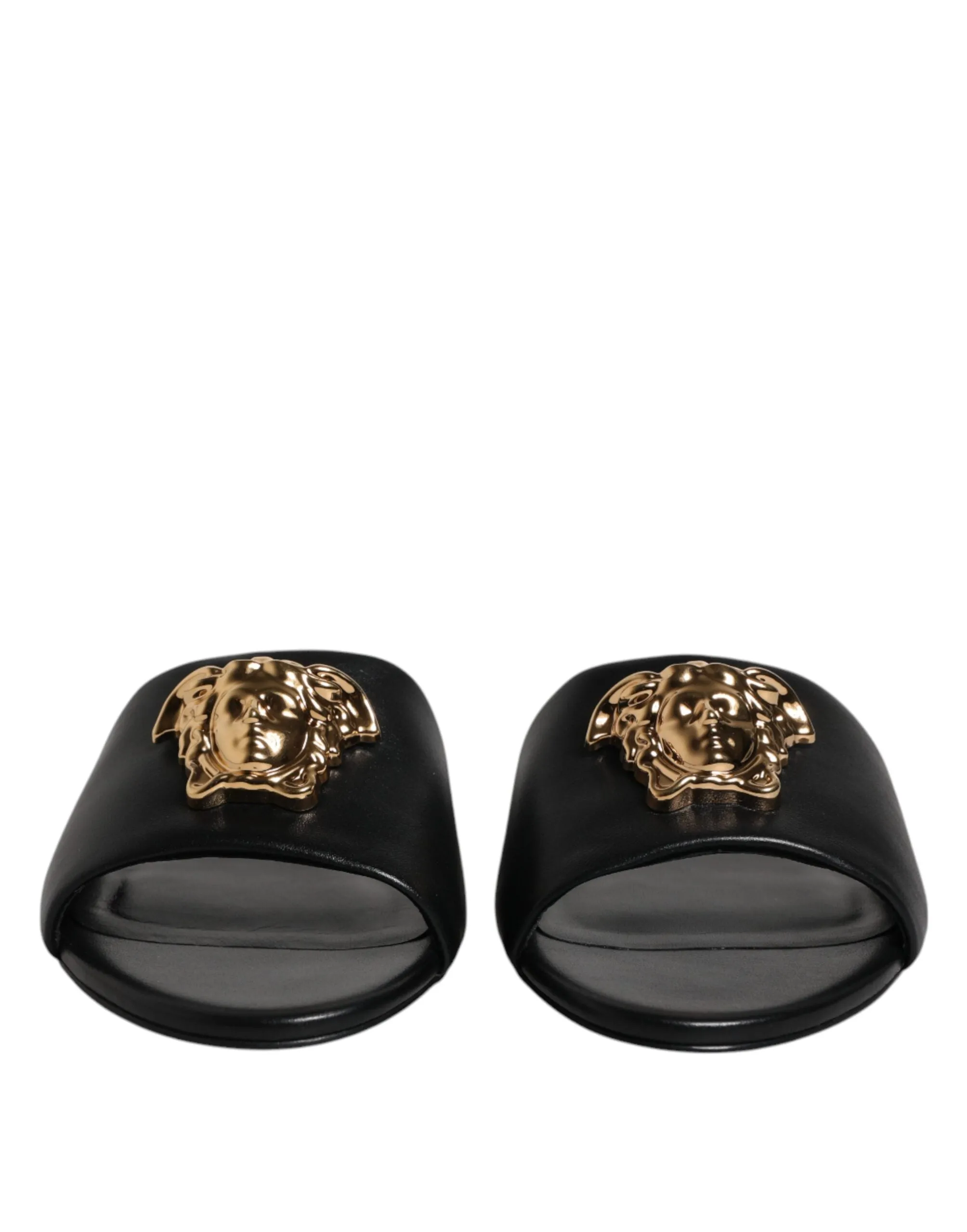 Versace  Leather Logo Plaque Slip On Slides Flats Women's Shoes