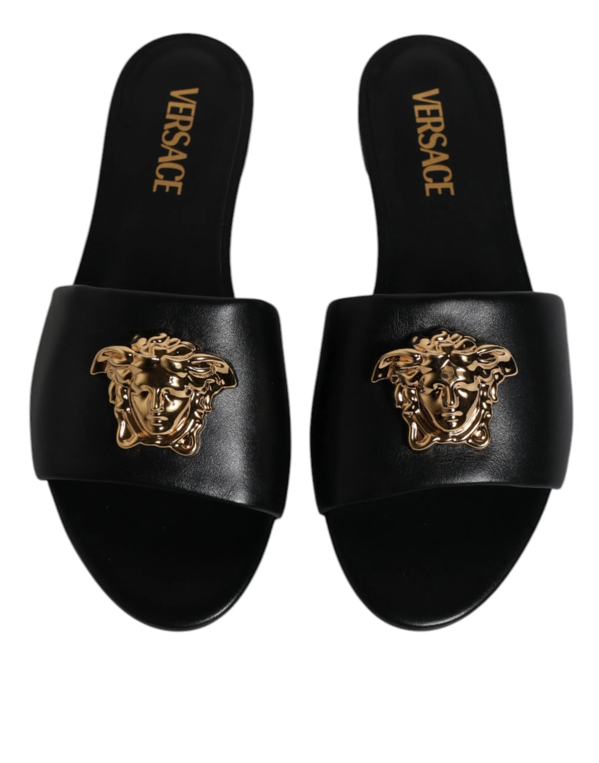 Versace  Leather Logo Plaque Slip On Slides Flats Women's Shoes