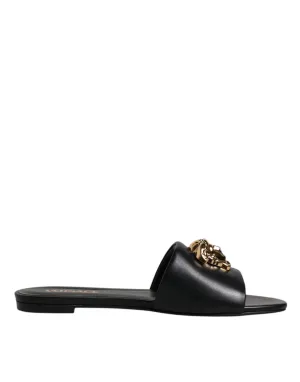 Versace  Leather Logo Plaque Slip On Slides Flats Women's Shoes