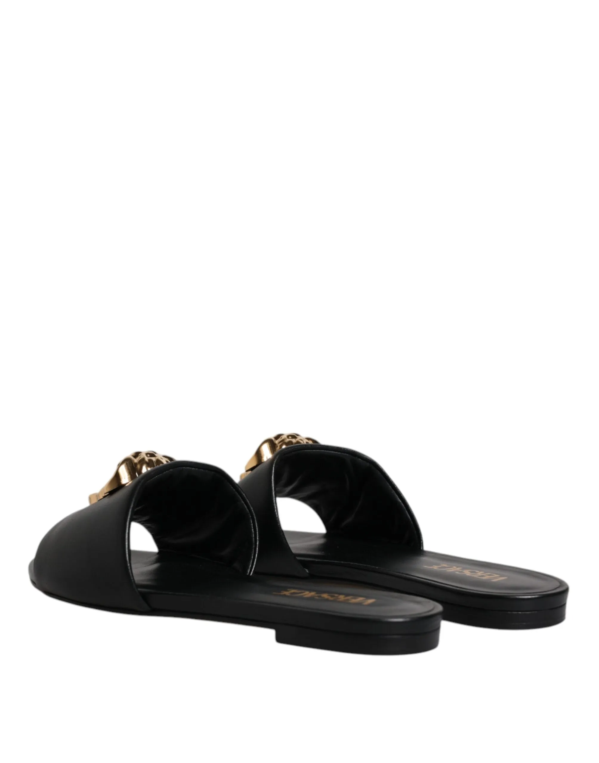 Versace  Leather Logo Plaque Slip On Slides Flats Women's Shoes