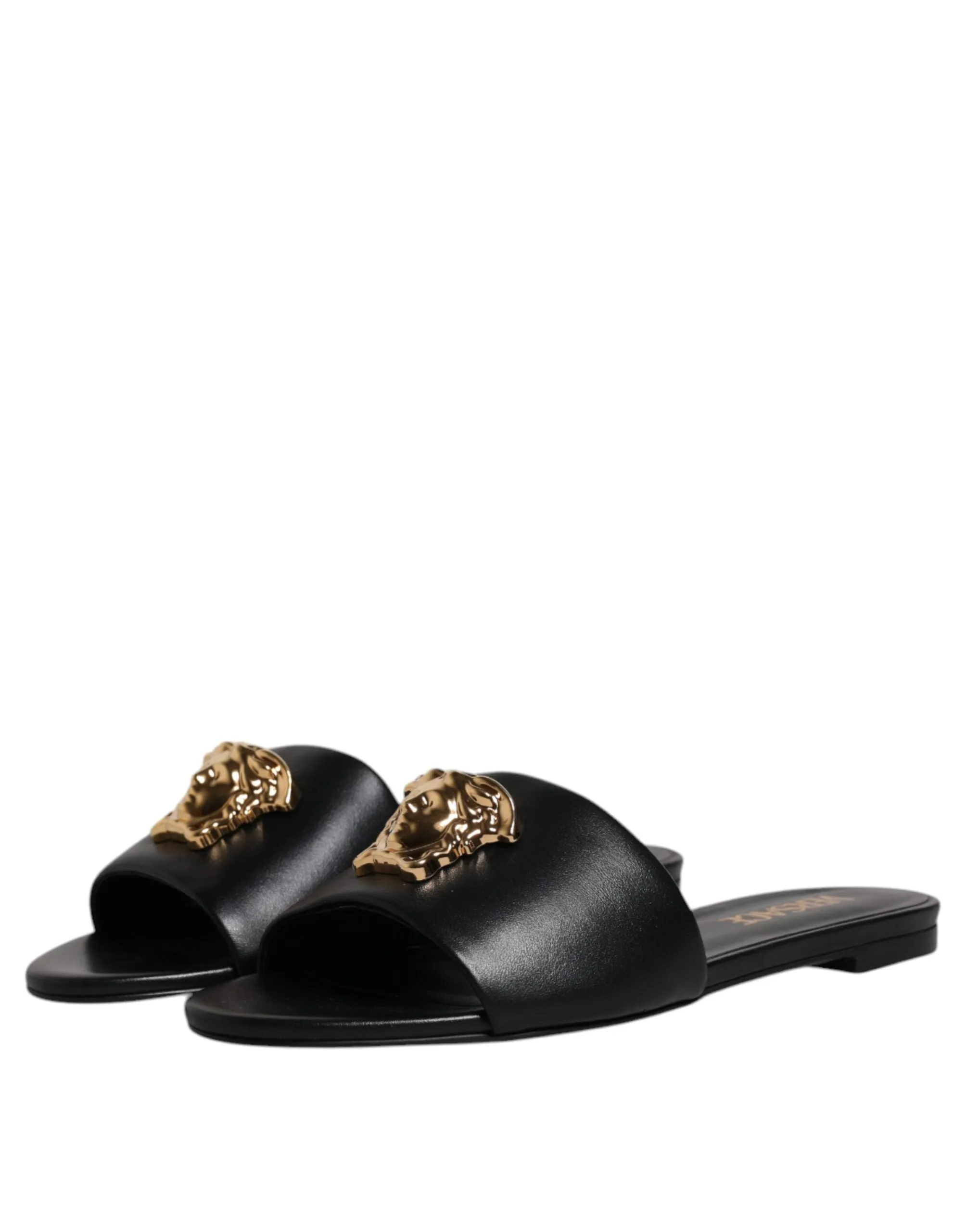 Versace  Leather Logo Plaque Slip On Slides Flats Women's Shoes
